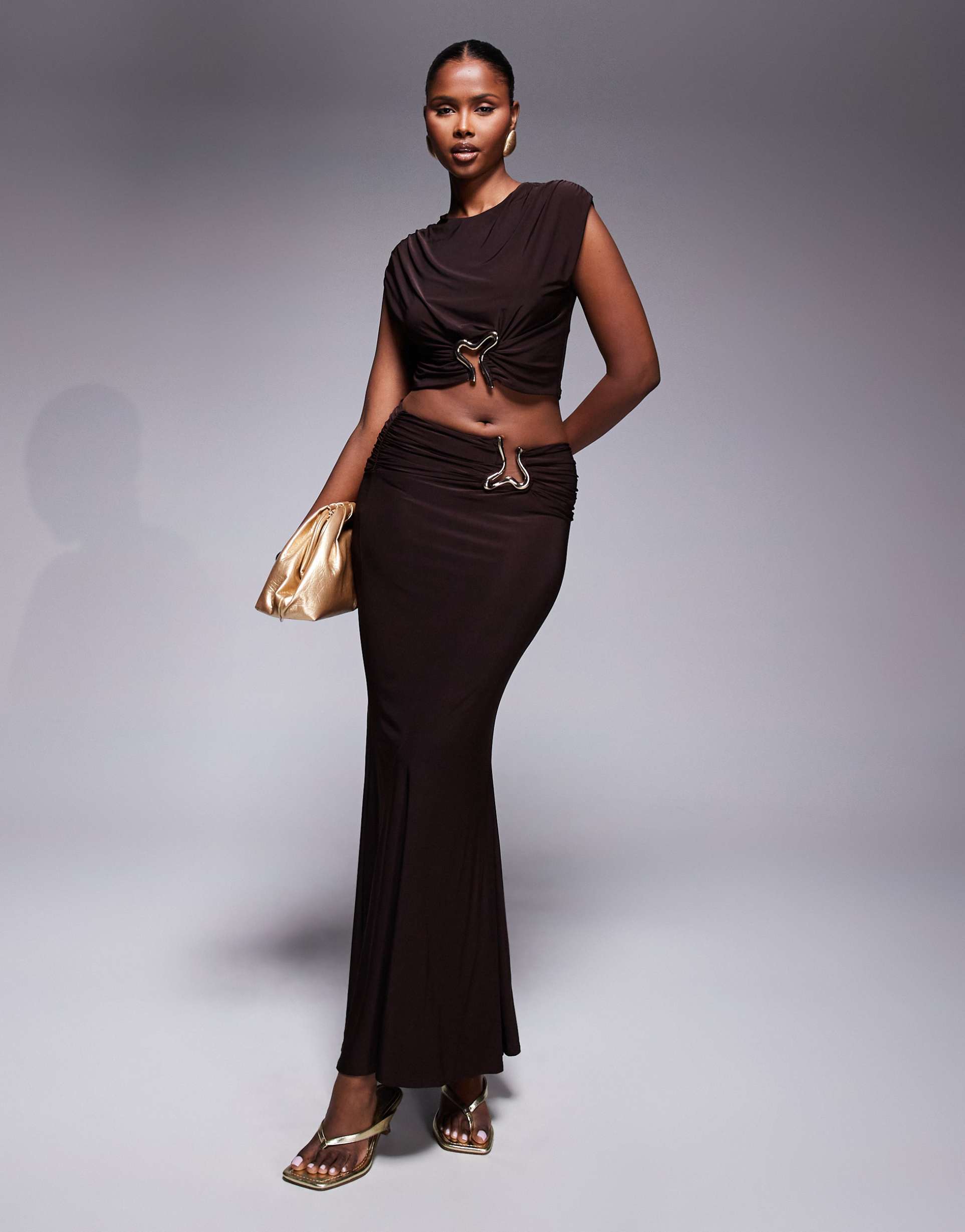 asos design drape maxi skirt with gold detail in chocolate - part of a set