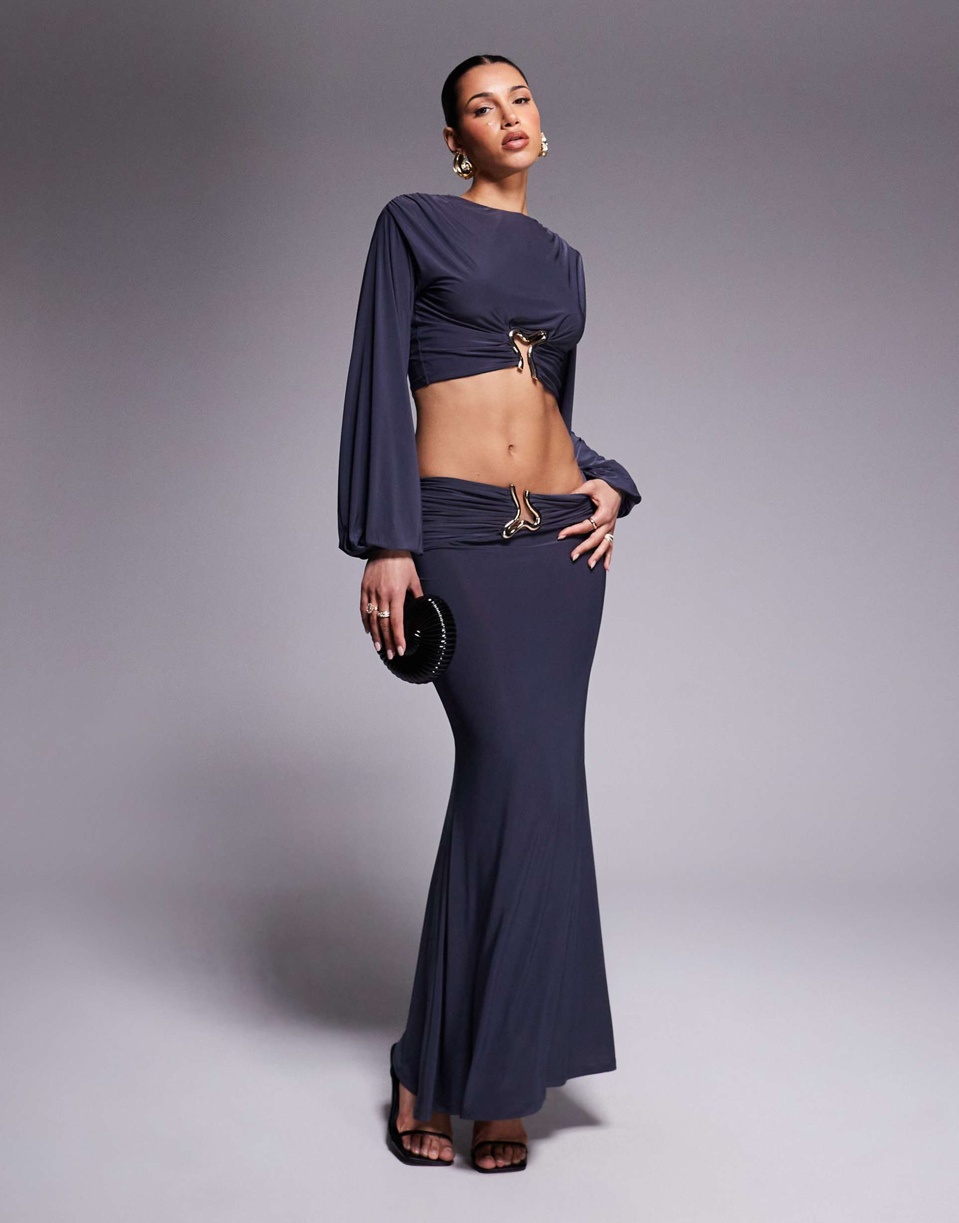 asos design drape maxi skirt with gold detail in dark gray - part of a set