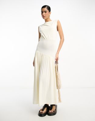 Asos Design Drape Midi Dress With Asymetric Waist Band In Cream-White