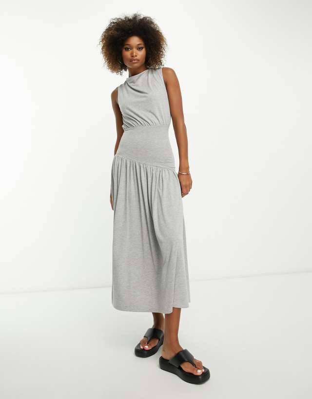 ASOS DESIGN drape midi dress with asymmetric waistband in gray heather