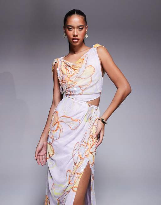 ASOS DESIGN drape midi dress with embellishment in blue floral print
