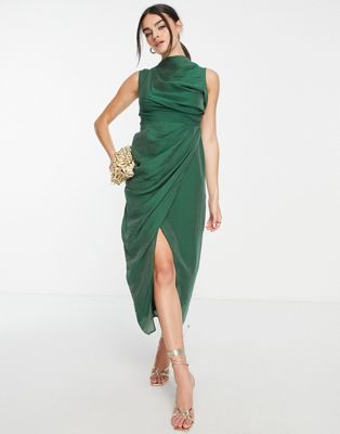 Asos Design Drape Midi Dress With Wrap Skirt In Textured Fabric In Green