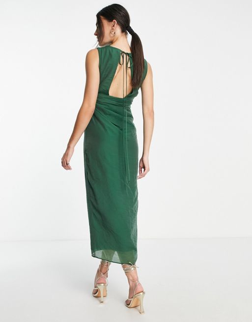 ASOS DESIGN drape midi dress with wrap skirt in textured fabric in green