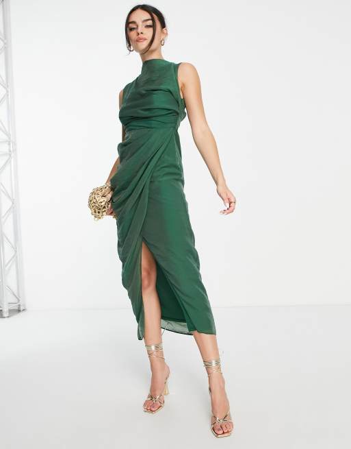 ASOS DESIGN drape midi dress with wrap skirt in textured fabric in green