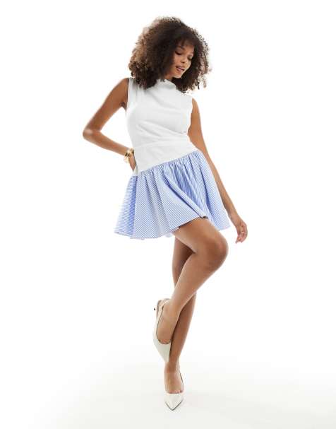 ASOS DESIGN drape mini dress with contrast stripe hem in white and blue - view 1