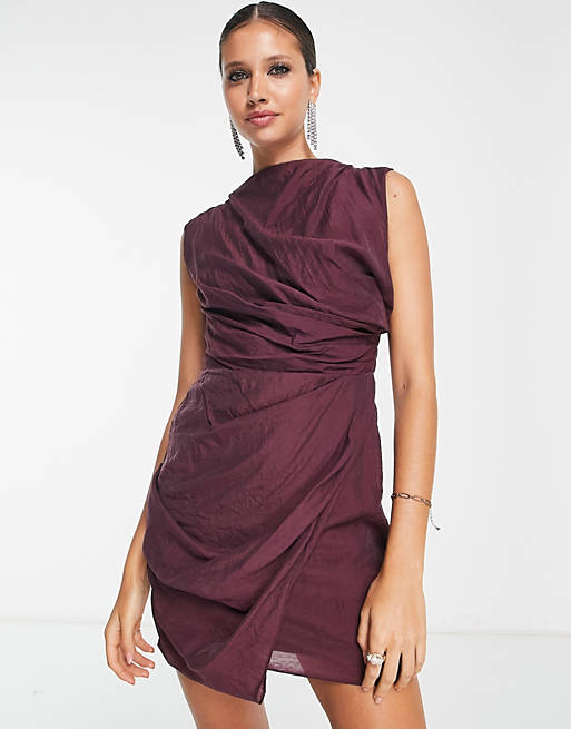 ASOS Design Drape Mini Dress with Wrap Skirt in Textured Fabric in Purple