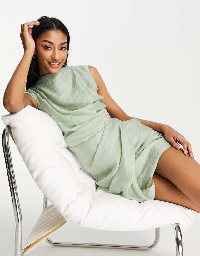 ASOS DESIGN drape mini dress with wrap skirt in textured fabric in sage