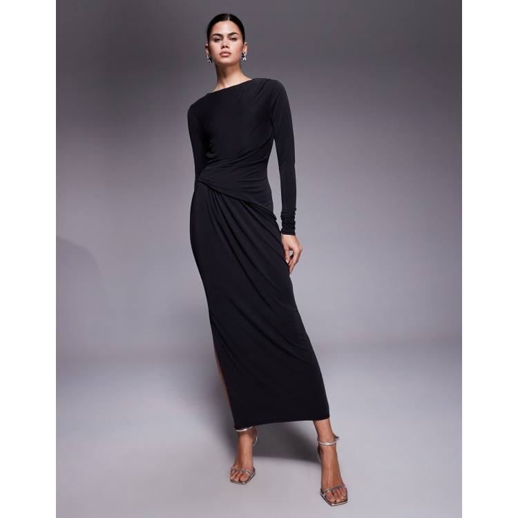 modest party dresses with long drape sleeves Brown Satin Modest Long Drape Sleeves 2 Piece Dress Set 8