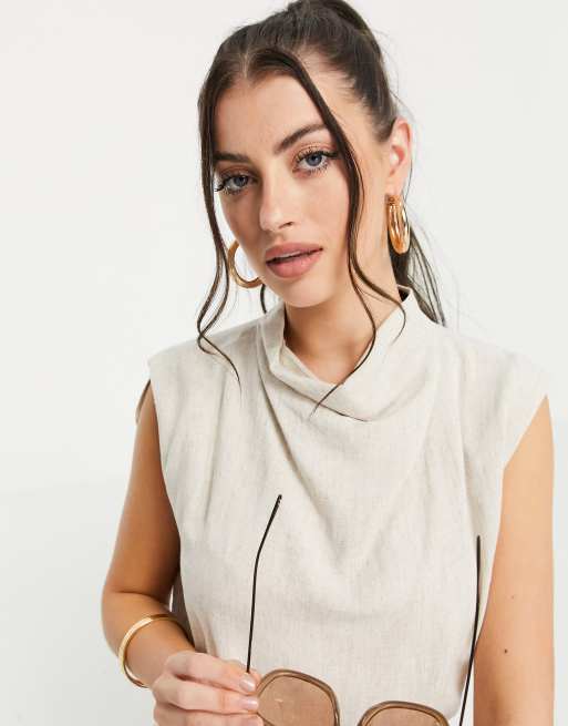 ASOS DESIGN drape neck linen top in natural stone, 3 of 4