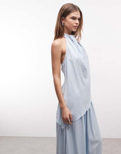 ASOS DESIGN drape neck longline top co-ord in blue - view 1