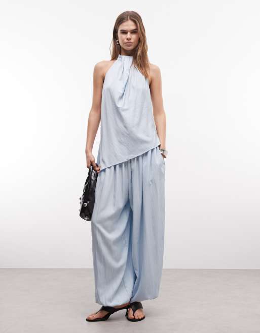 ASOS DESIGN drape neck longline top co-ord in blue, 3 of 4