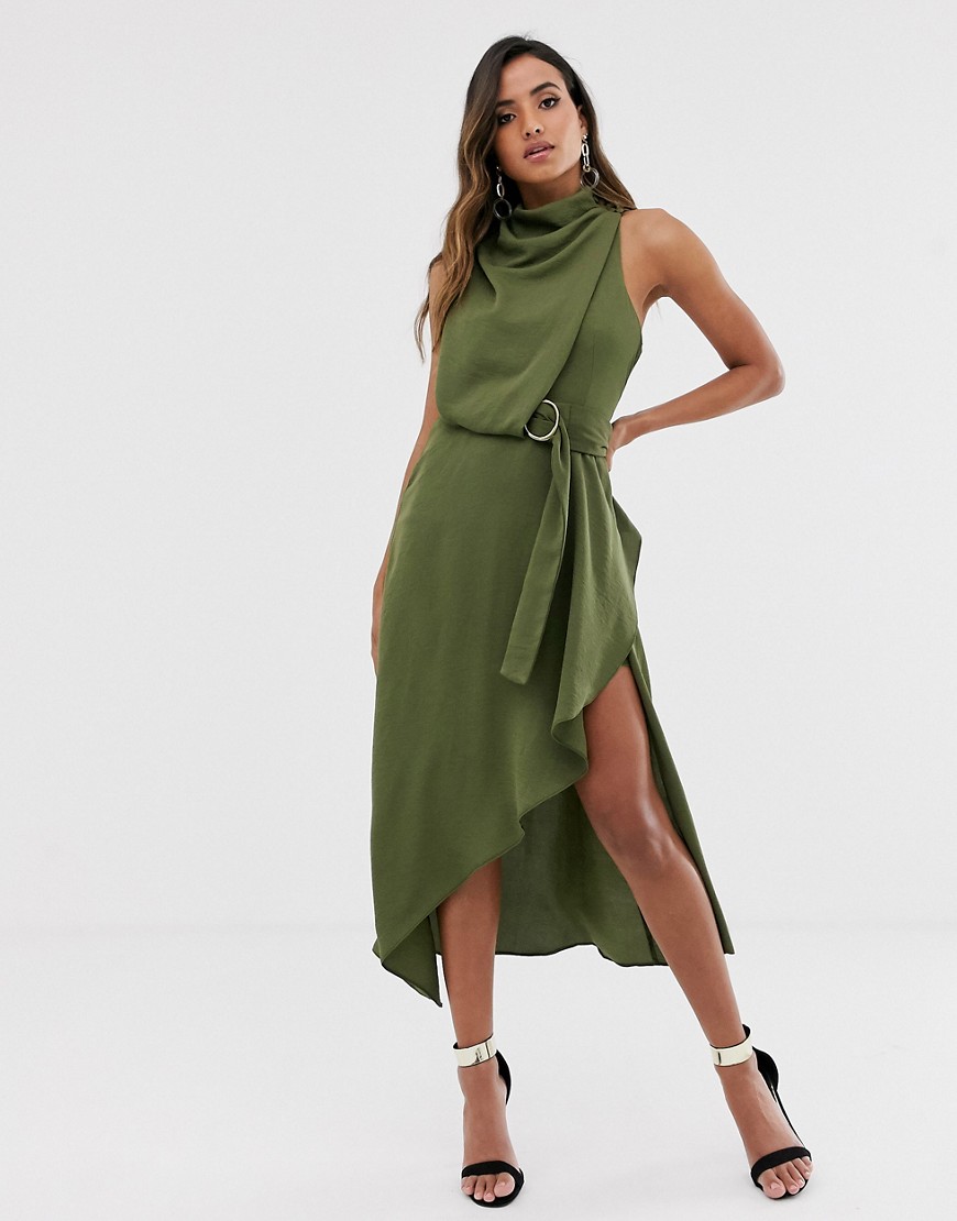 ASOS DESIGN drape neck midi dress in textured fabric with self belt-Green