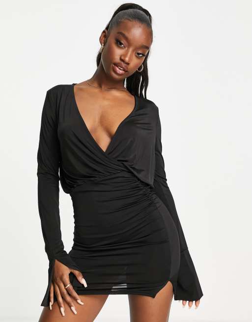 Black long 2025 sleeve split dress