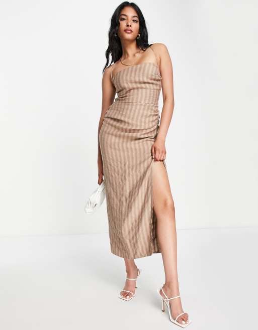 ASOS DESIGN drape neck open back seersucker midi dress in mocha