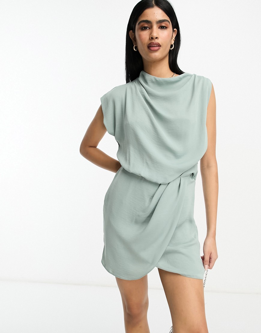 ASOS DESIGN drape neck sleeveless wrap front mini dress in light sage-Green