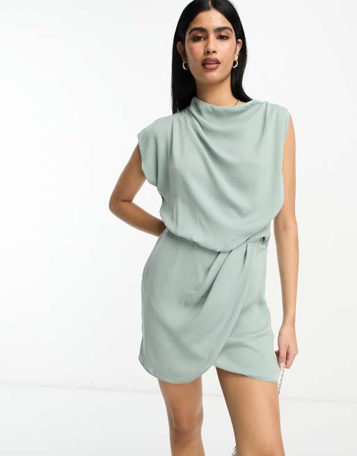 ASOS DESIGN drape neck sleeveless wrap front mini dress in light sage