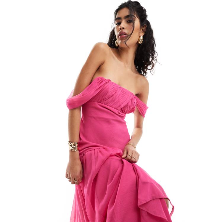 fuchsia ruched scarf dropped waist maxi dress Zapaka Women Fuchsia Long Prom Dress Strapless A Line Pleated Tulle Party Dress with Streamer, Fuchsia / US2
