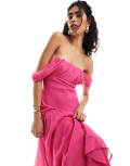 [ASOS DESIGN] ASOS DESIGN drape off shoulder dropped waist maxi dress in fuchsia pink 14 Fuchsia Pink