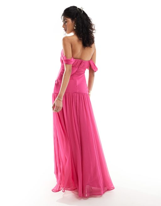 ASOS DESIGN drape off shoulder dropped waist maxi dress in fuchsia pink ASOS