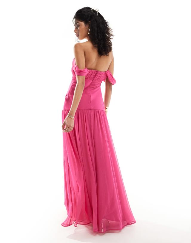 fuchsia ruched scarf dropped waist maxi dress PrettyLittleThing Women's Floral Print Ruched Scarf Dropped Waist Maxi Dress in Fuchsia