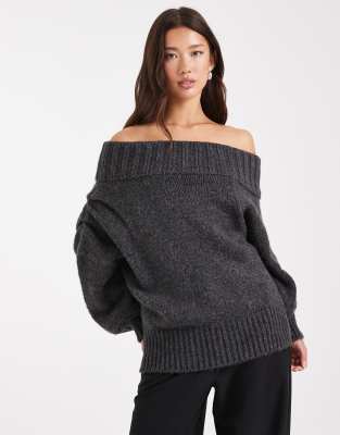 ASOS DESIGN ASOS DESIGN drape off shoulder jumper in charcoal-Grey