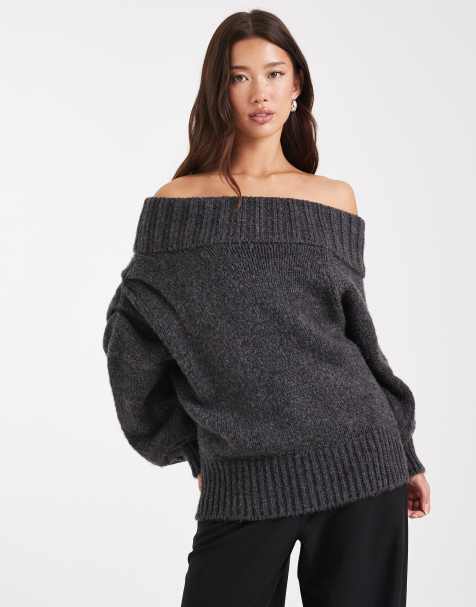 ASOS DESIGN drape off shoulder jumper in charcoal