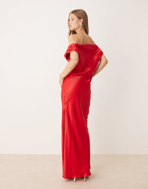 ASOS DESIGN drape off shoulder maxi dress in red, 3 of 4