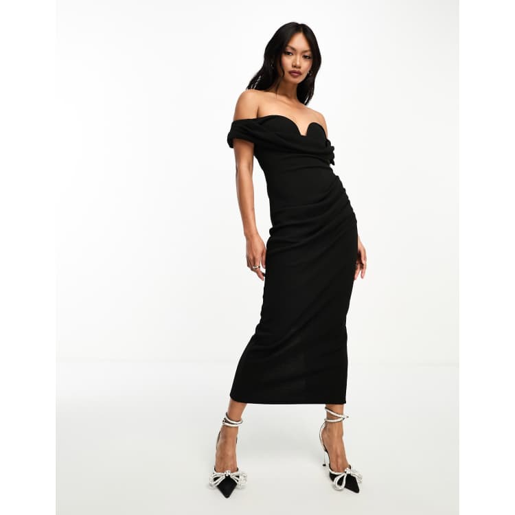 ASOS DESIGN drape off shoulder v wire tuck midi dress in black 