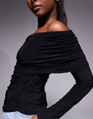 Asos Design Drape Off The Shoulder Long Sleeve Top In Black