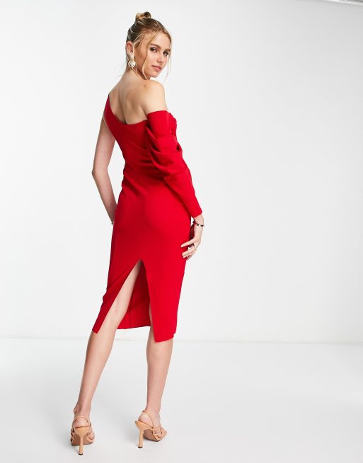 ASOS DESIGN drape one shoulder asymmetric midi dress in red