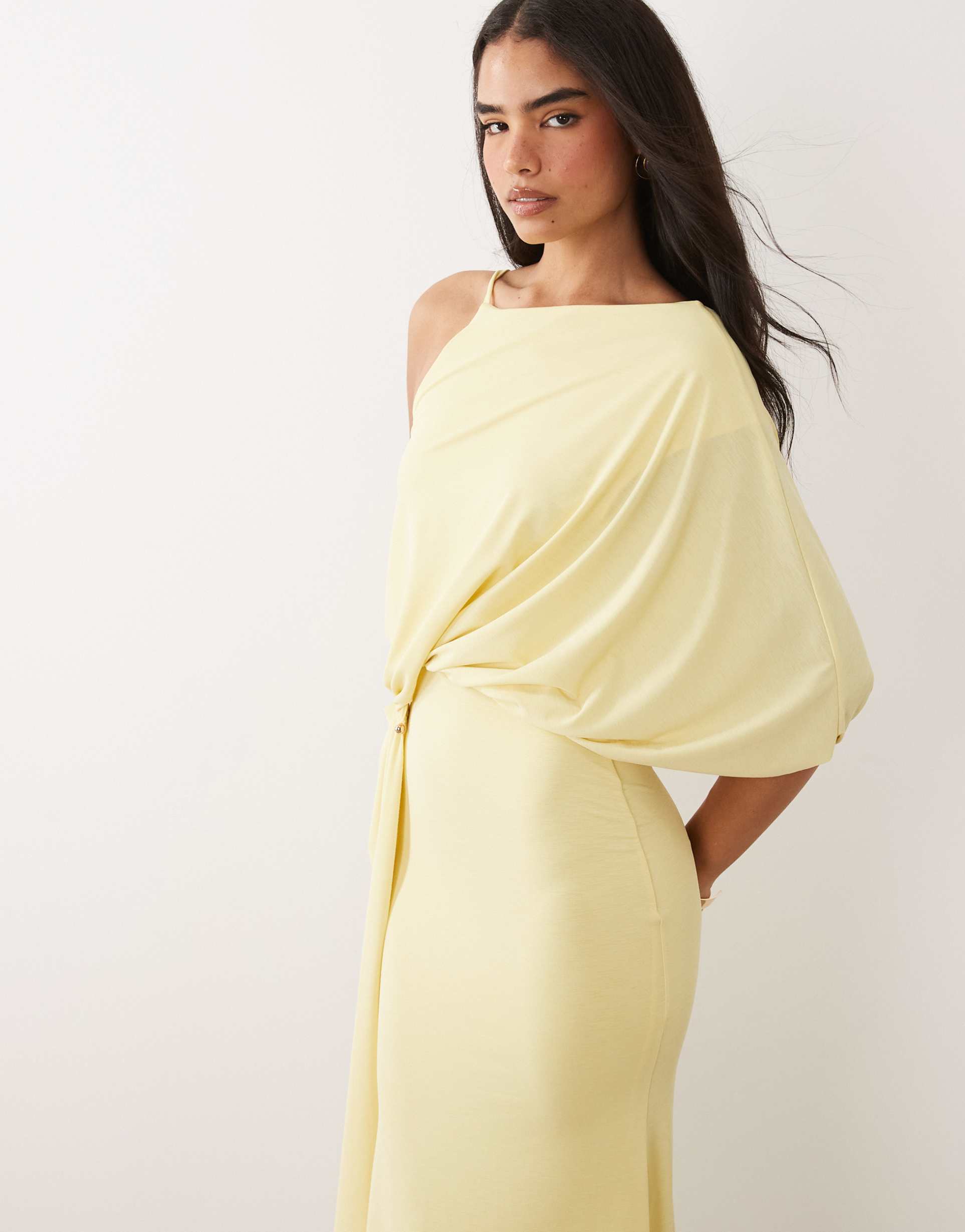 asos design drape one shoulder maxi dress in lemon