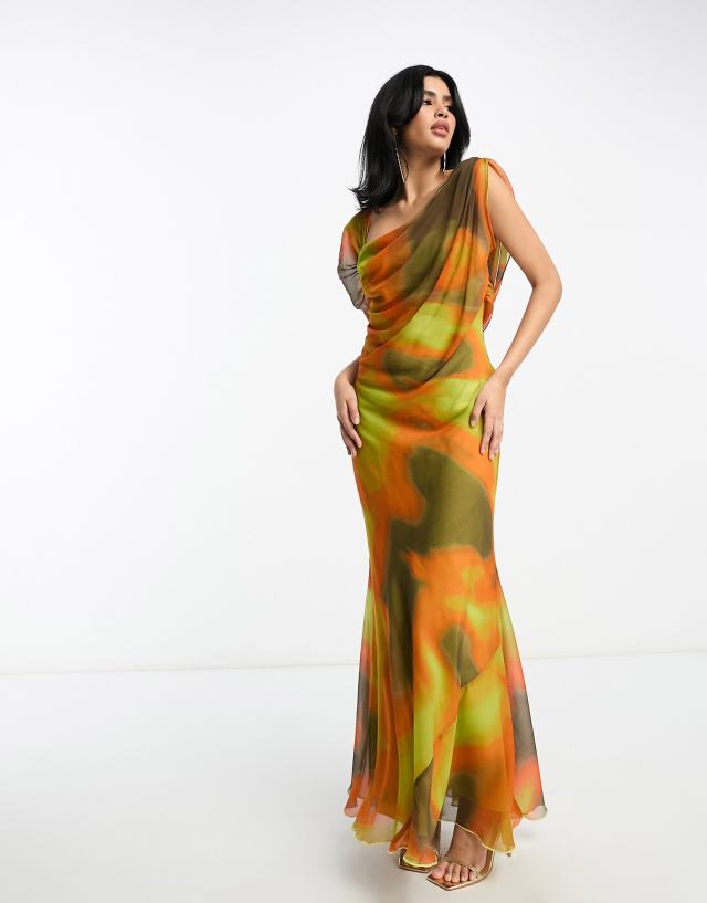 ASOS DESIGN drape one shoulder maxi dress in yellow blurred abstract print