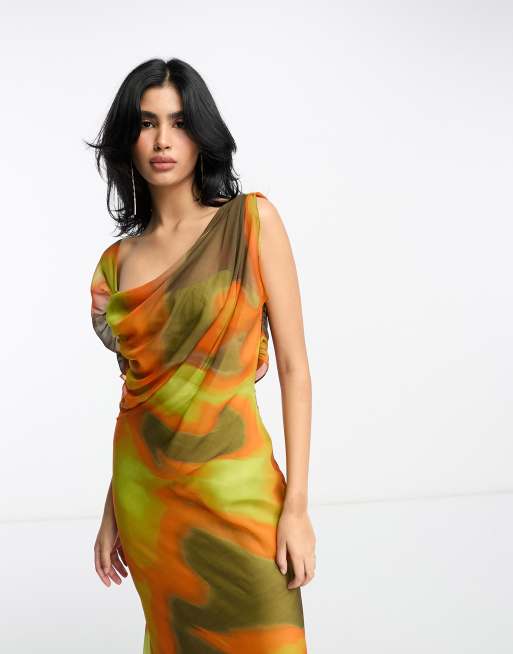 ASOS DESIGN drape one shoulder maxi dress in yellow blurred abstract print