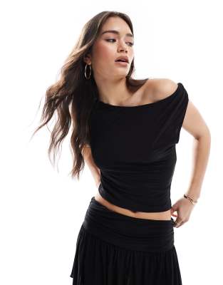 Asos Design Drape One Shoulder Top In Black - Part Of A Set-gray