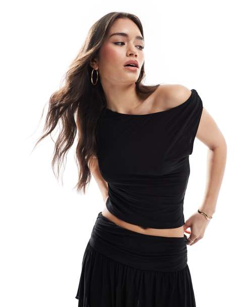 ASOS DESIGN drape one shoulder top in black - part of a set - view 1