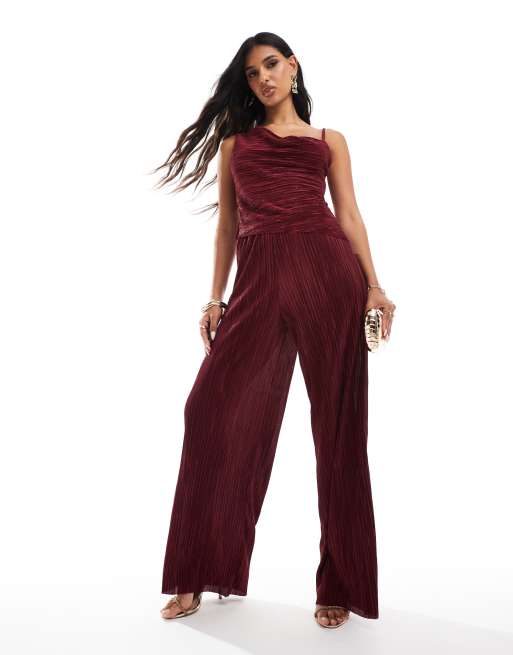 ASOS DESIGN drape plisse asymmetric top and pants set in wine