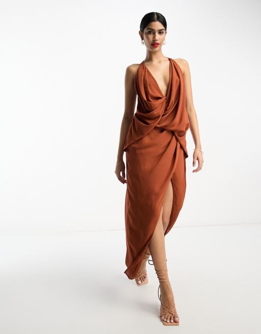 ASOS DESIGN drape plunge maxi dress with front split in rust