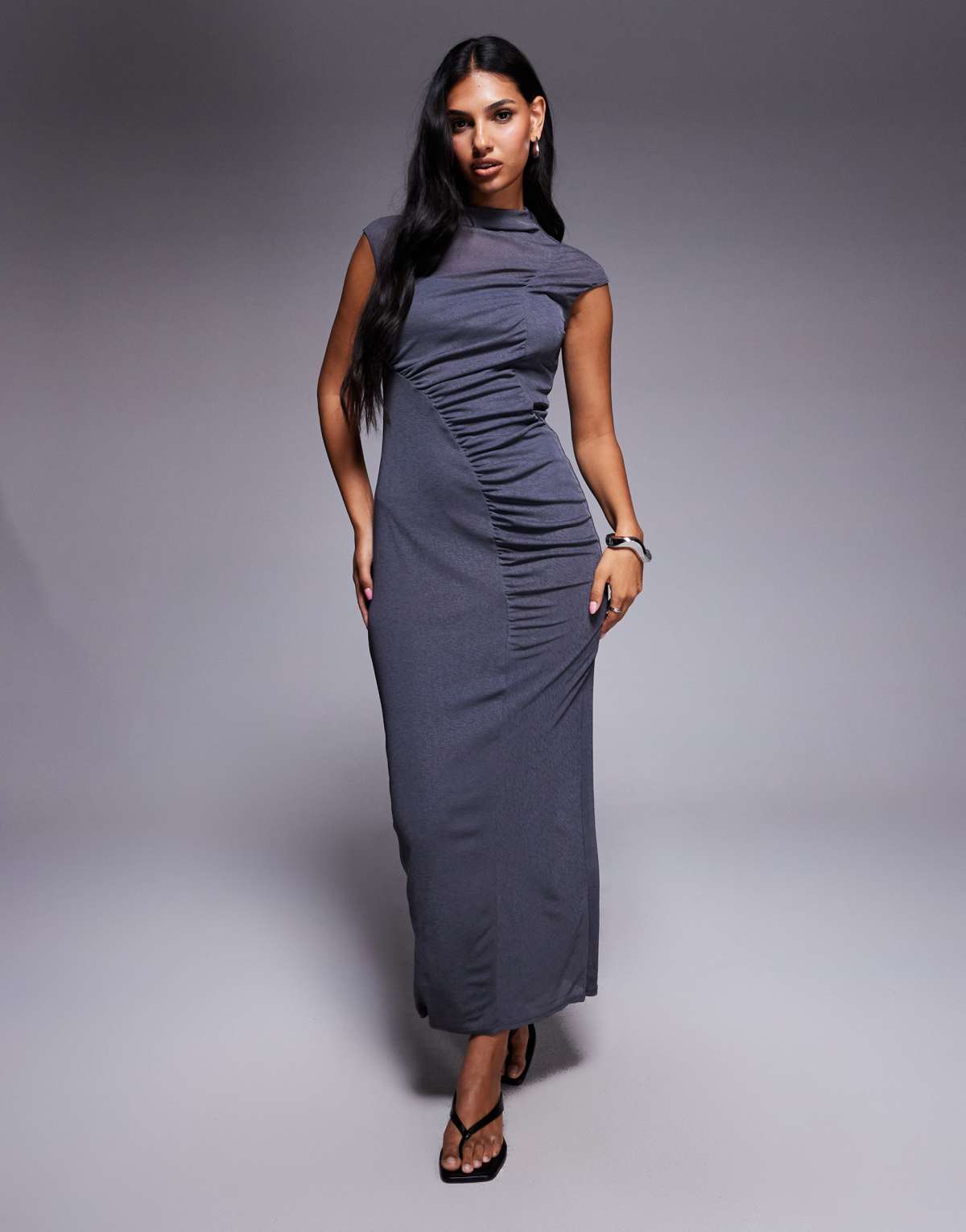 ASOS DESIGN drape ruched front detail midi dress in charcoal