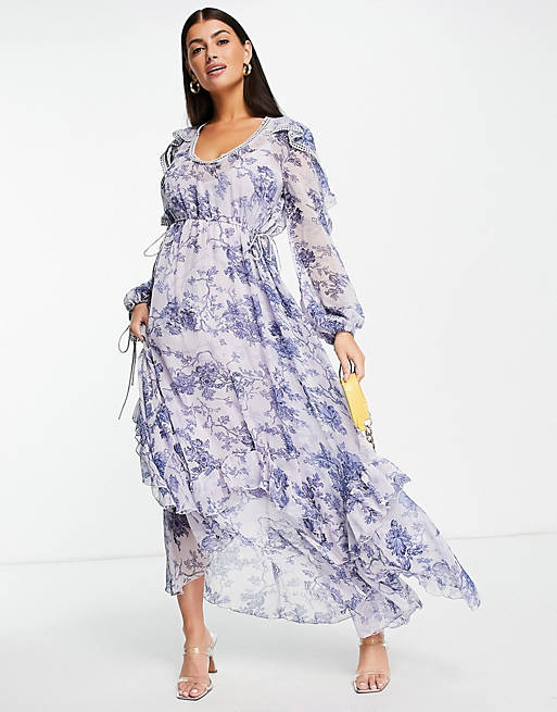ASOS DESIGN drape ruffle maxi dress with lace insert and tassle detail