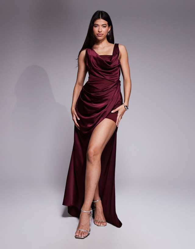ASOS DESIGN drape satin maxi dress with contrast bonded bodice in mulberry