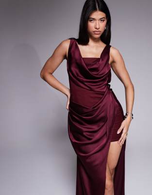 Asos Design Drape Satin Maxi Dress With Contrast Bonded Bodice In Red