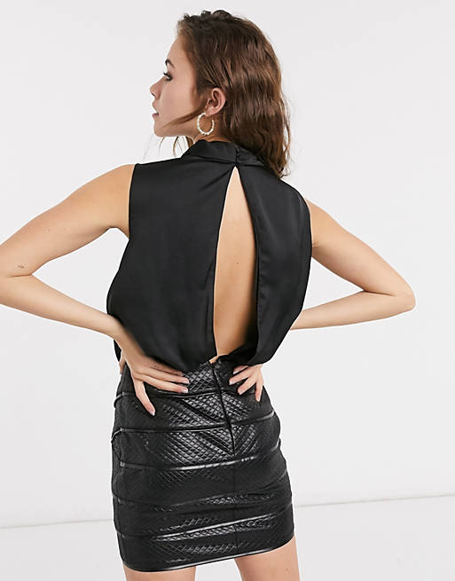 ASOS DESIGN drape satin mini dress with textured faux-leather skirt in black