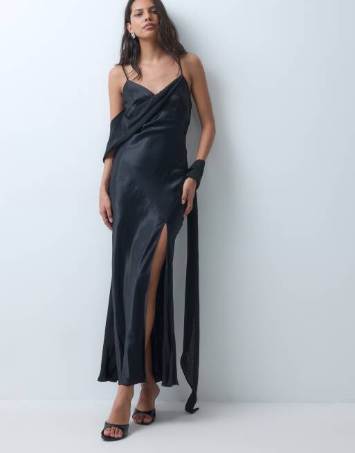 ASOS DESIGN drape scarf maxi dress with high split in black, 2 of 4