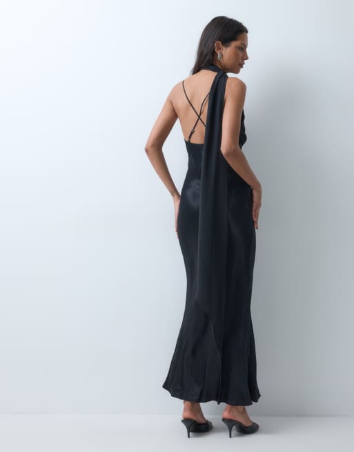 ASOS DESIGN drape scarf maxi dress with high split in black, 3 of 4