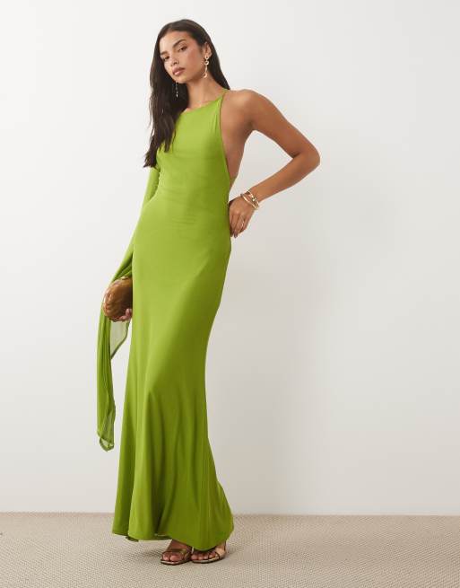 ASOS DESIGN drape scarf sleeve mesh maxi dress in citrus, 3 of 4