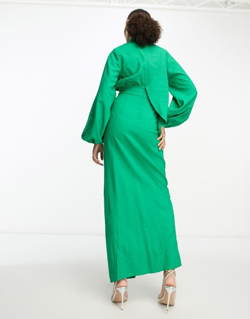 ganni green gingham dress Mahaba Balloon-Sleeves Maxi Dress in Linen