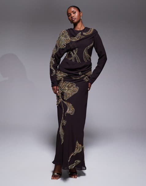 ASOS DESIGN drape shoulder embellished pleated maxi dress in chocolate