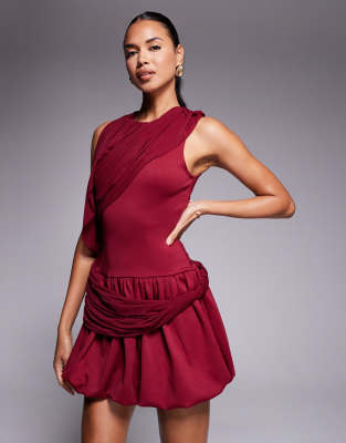 Asos Design Drape Shoulder Mini Dress With Puff Skirt In Red