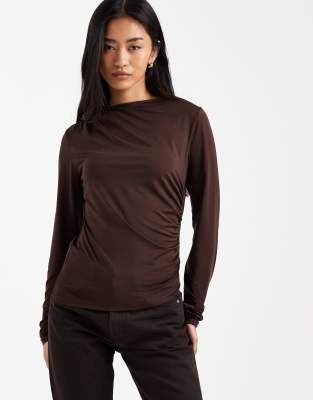 Asos Design Drape Slash Neck Long Sleeve Top In Brown