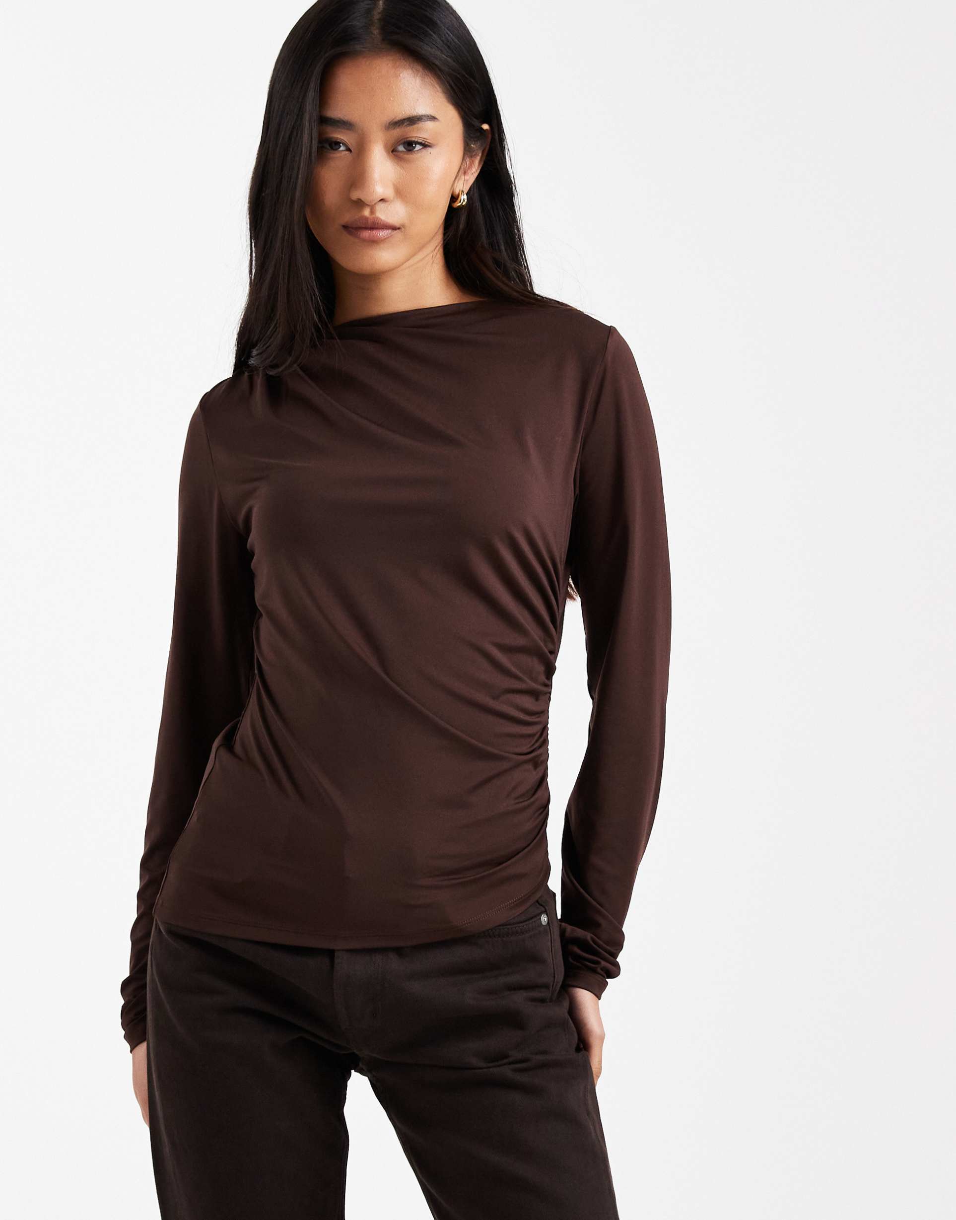asos design drape slash neck long sleeve top in brown